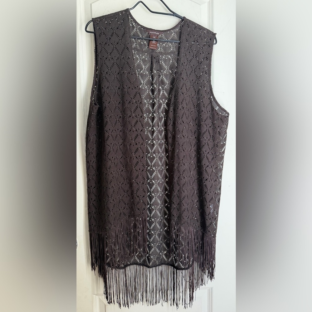 Multiples Brown‎ Crochet Vest with Fringe Detail XL coverup kimono vest western